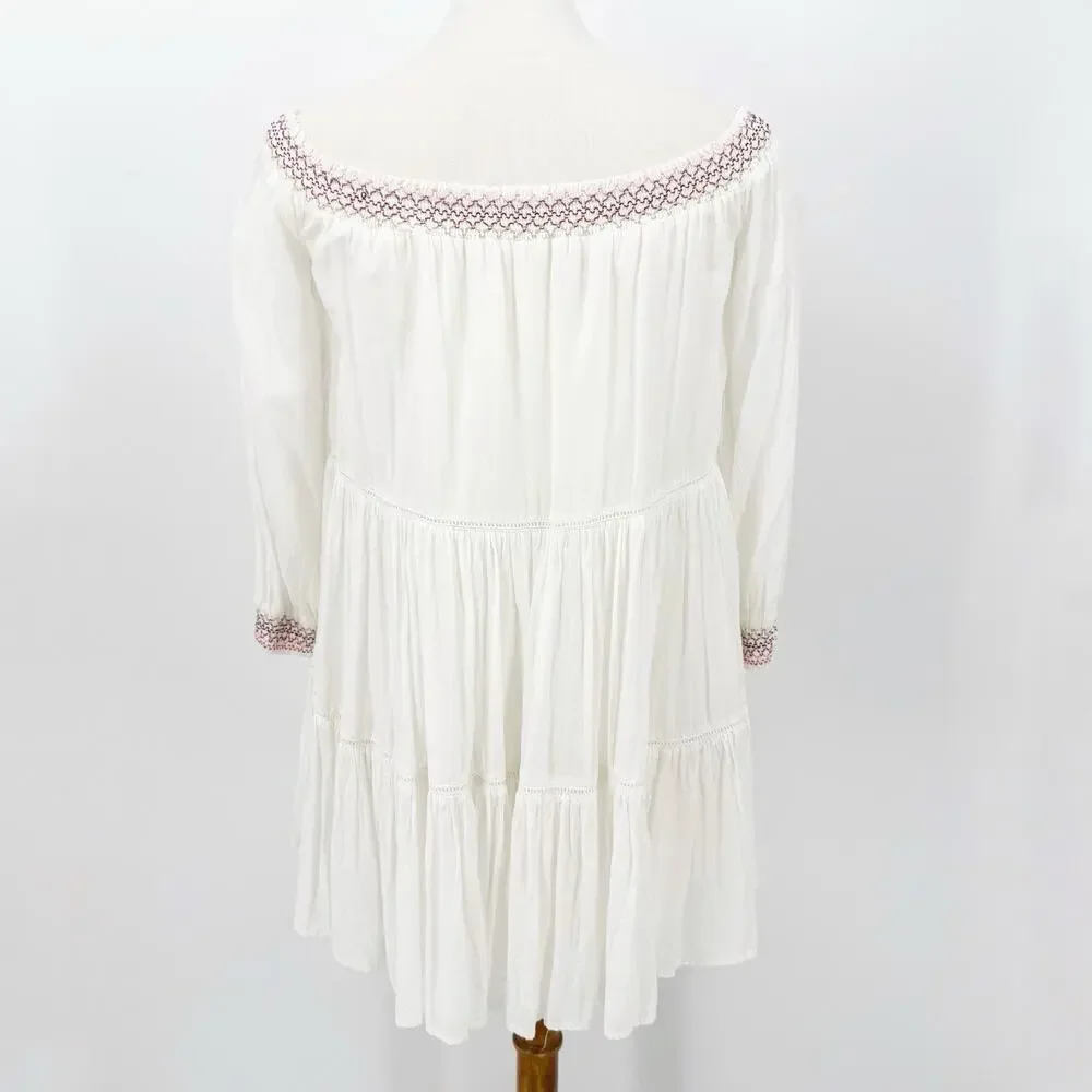 Free People Off Shoulder Mini‎ Dress XS Womens Floral Embroidered Boho Oversized